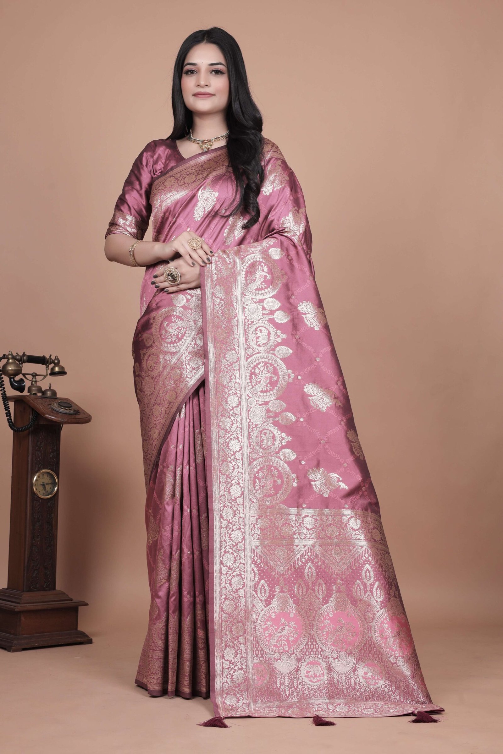 Rose Pink Banarasi Silk Saree with Silver Zari | Floral & Paisley Motifs | Wedding, Festive & Traditional Wear