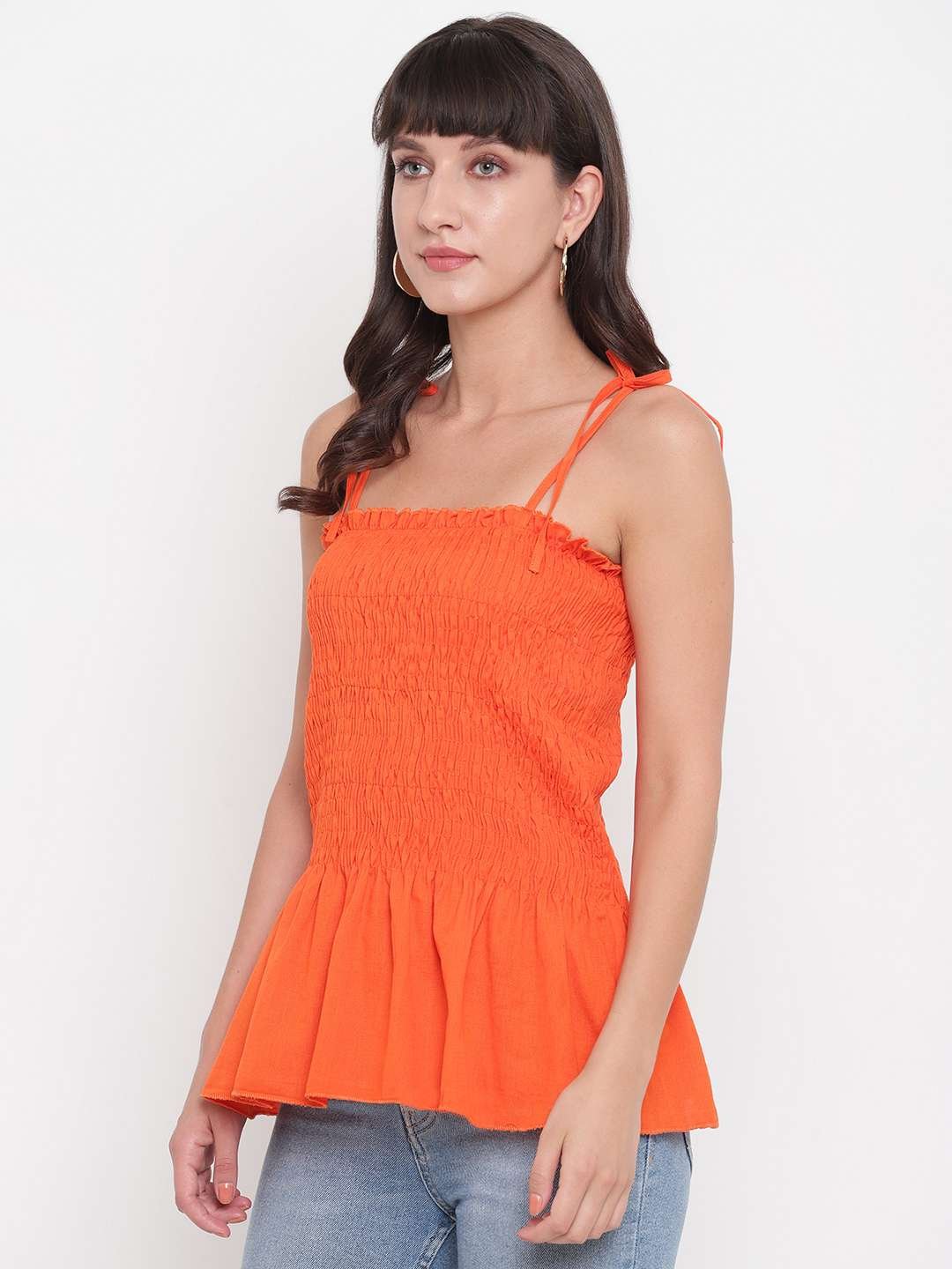 Women's Rayon Solid Casual Summer Style Tie Shoulder Straps Free Size Tank Top (Orange)
