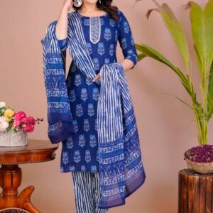 Women's Blue Cotton Printed Straight Kurti with Pant & Dupatta Set