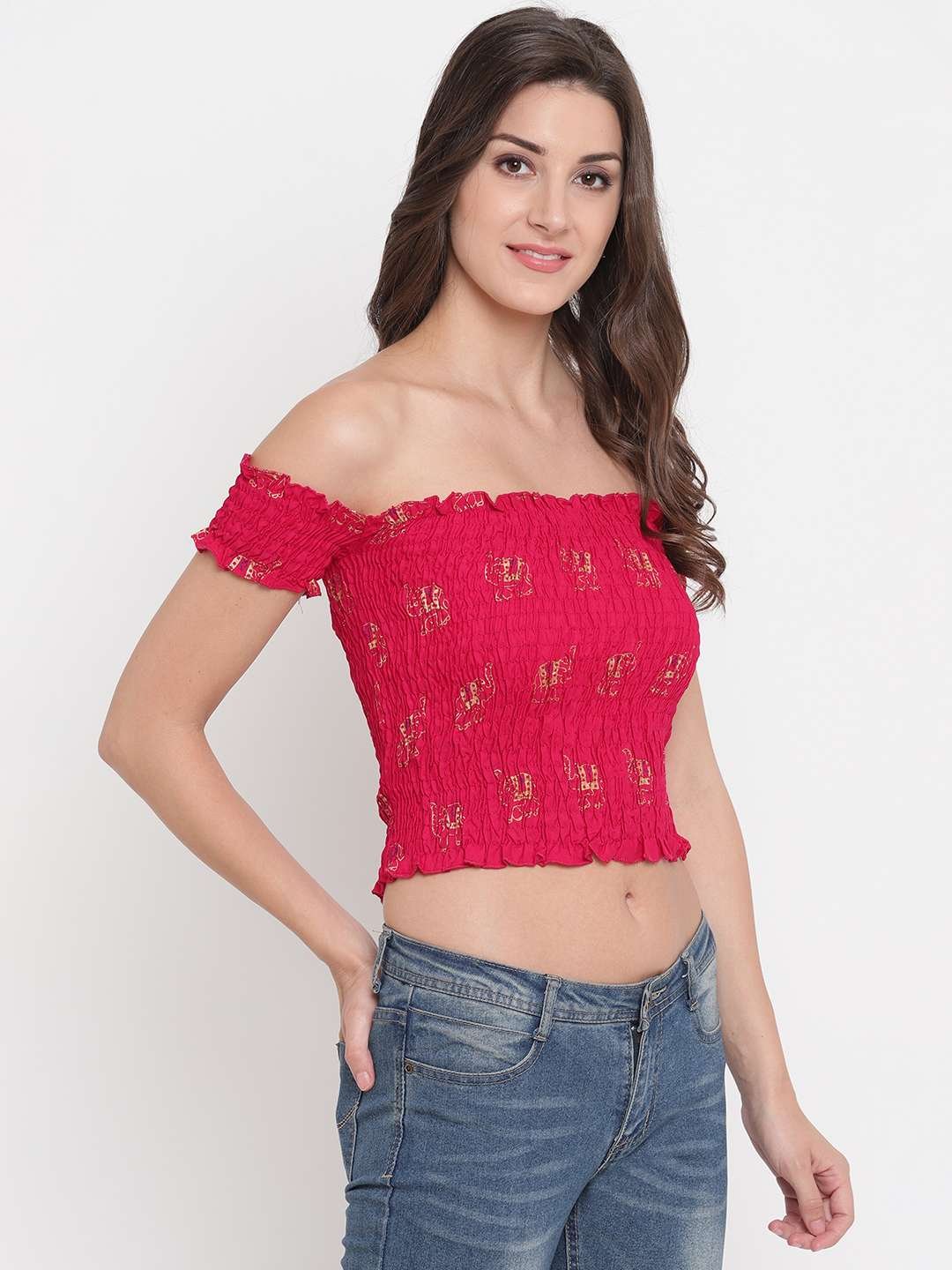 Women's Rayon Printed Off-Shoulder Smocked Crop Top Short Sleeve Casual Styles Tank Top (FREE SIZE) Multi14 - Image 2