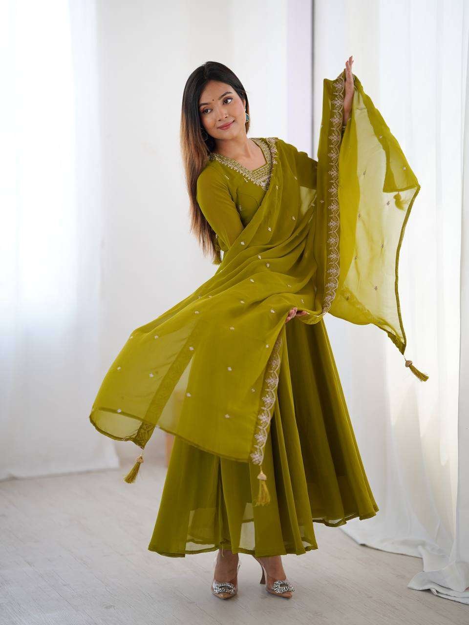 Womens Fox Georgette Anarkali Kurti with Pant & Dupatta Set (Copy) - Image 2