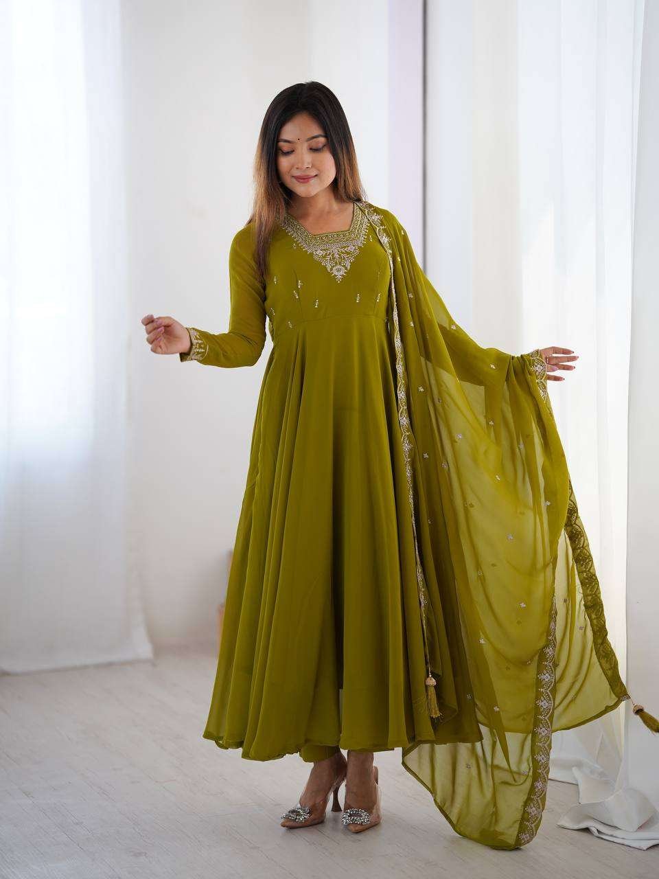 Womens Fox Georgette Anarkali Kurti with Pant & Dupatta Set (Copy) - Image 5