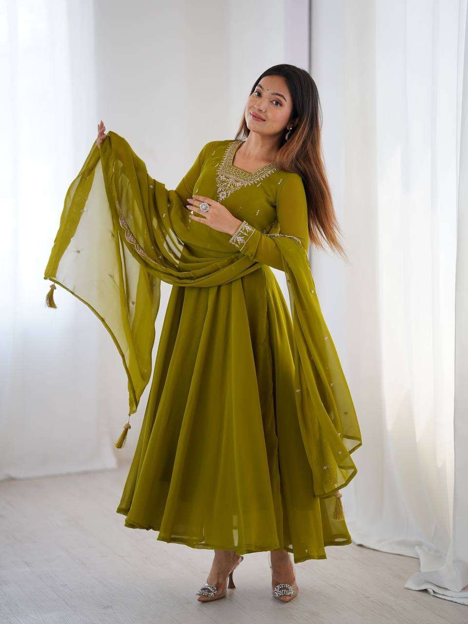 Womens Fox Georgette Anarkali Kurti with Pant & Dupatta Set (Copy) - Image 4