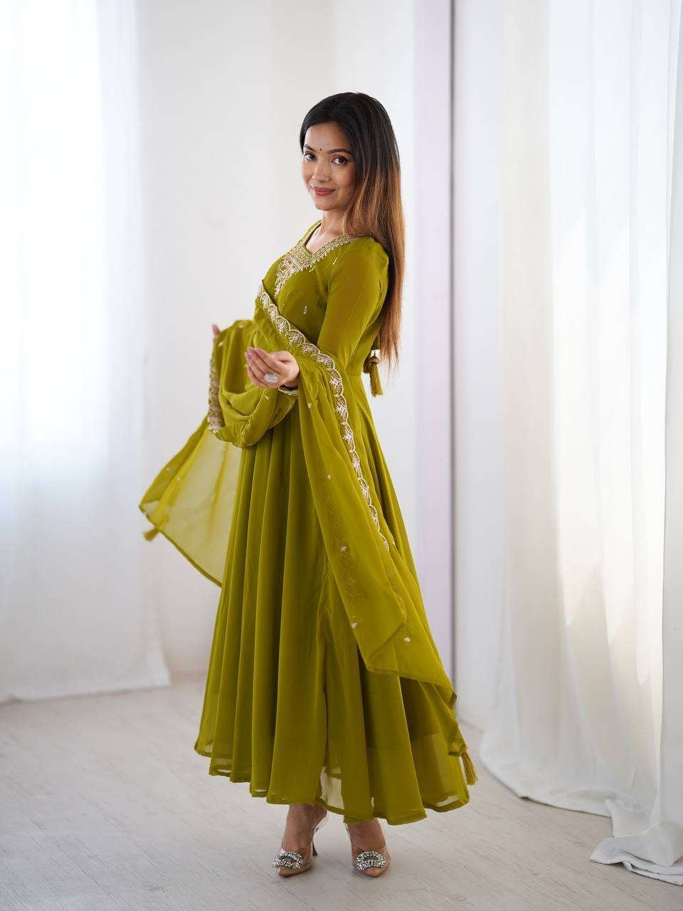 Womens Fox Georgette Anarkali Kurti with Pant & Dupatta Set (Copy) - Image 3