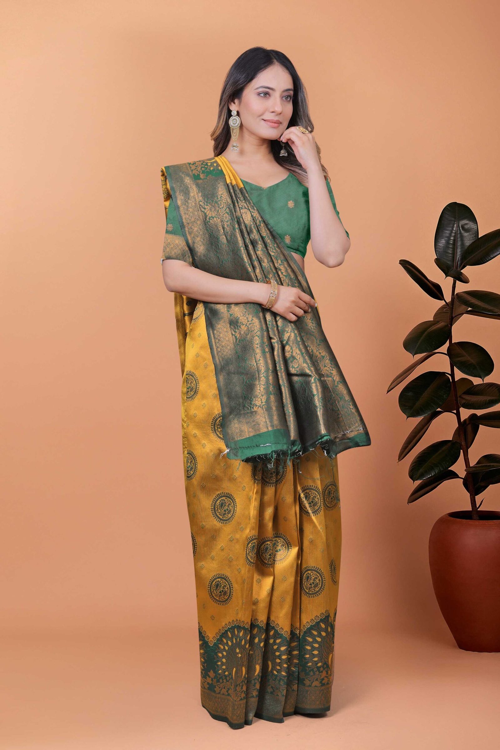 Option 1 (SEO-Friendly): Mustard Yellow Silk Saree with Contrast Bottle Green Zari Border & Peacock Motif Pallu - Image 2
