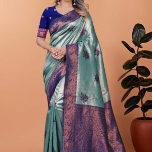Sea Green Soft Silk Saree with Purple Zari Border & Royal Blue Embroidered Blouse