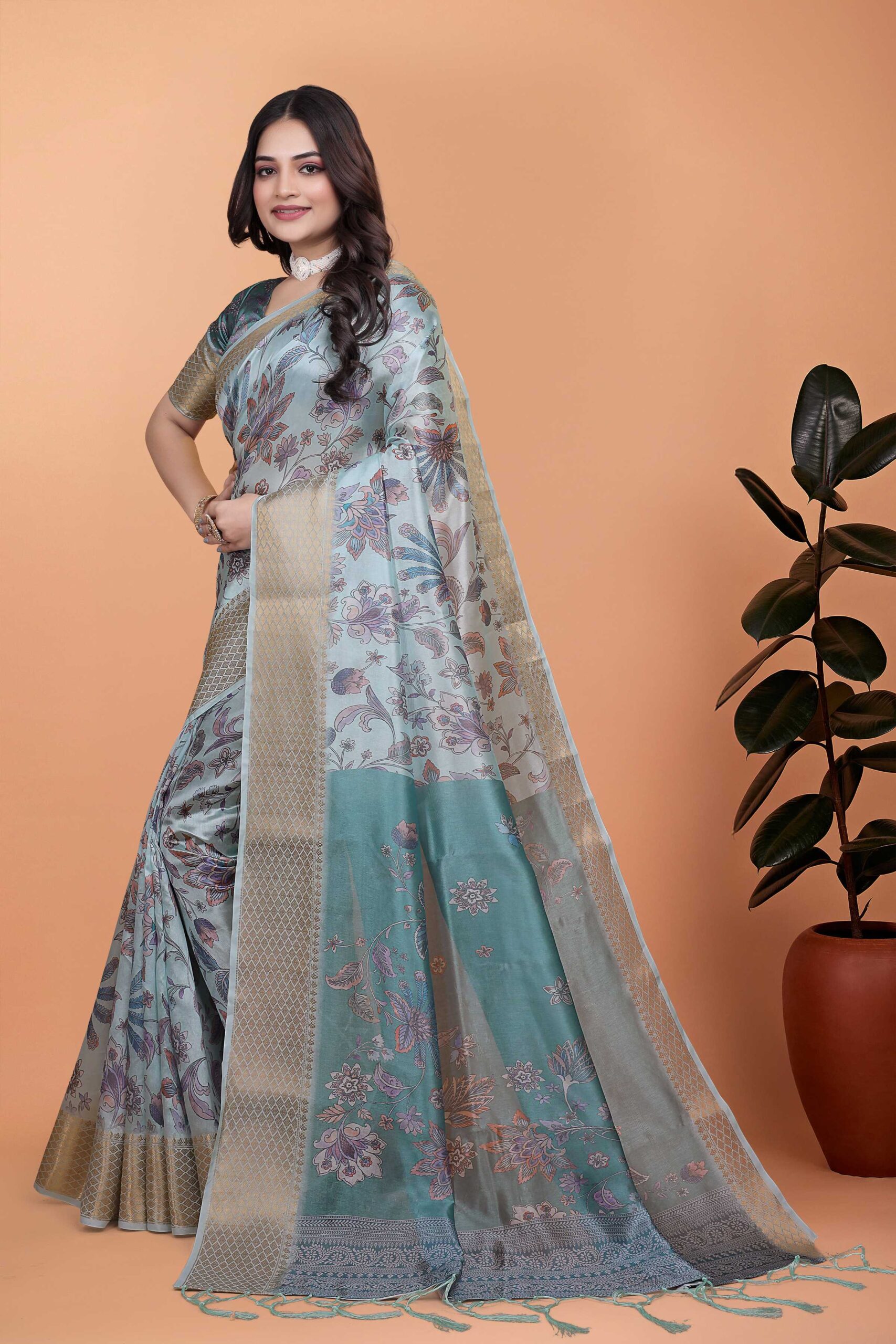 Elegant Grey Blue Floral Printed Saree - Image 2