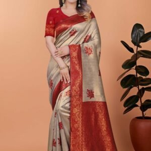 Beige Silk Blend Saree with Contrast Red Zari Border & Blouse Piece
