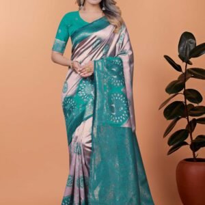 Pastel Pink Silk Saree with Contrast Teal Green Zari Border & Peacock Motif Pallu