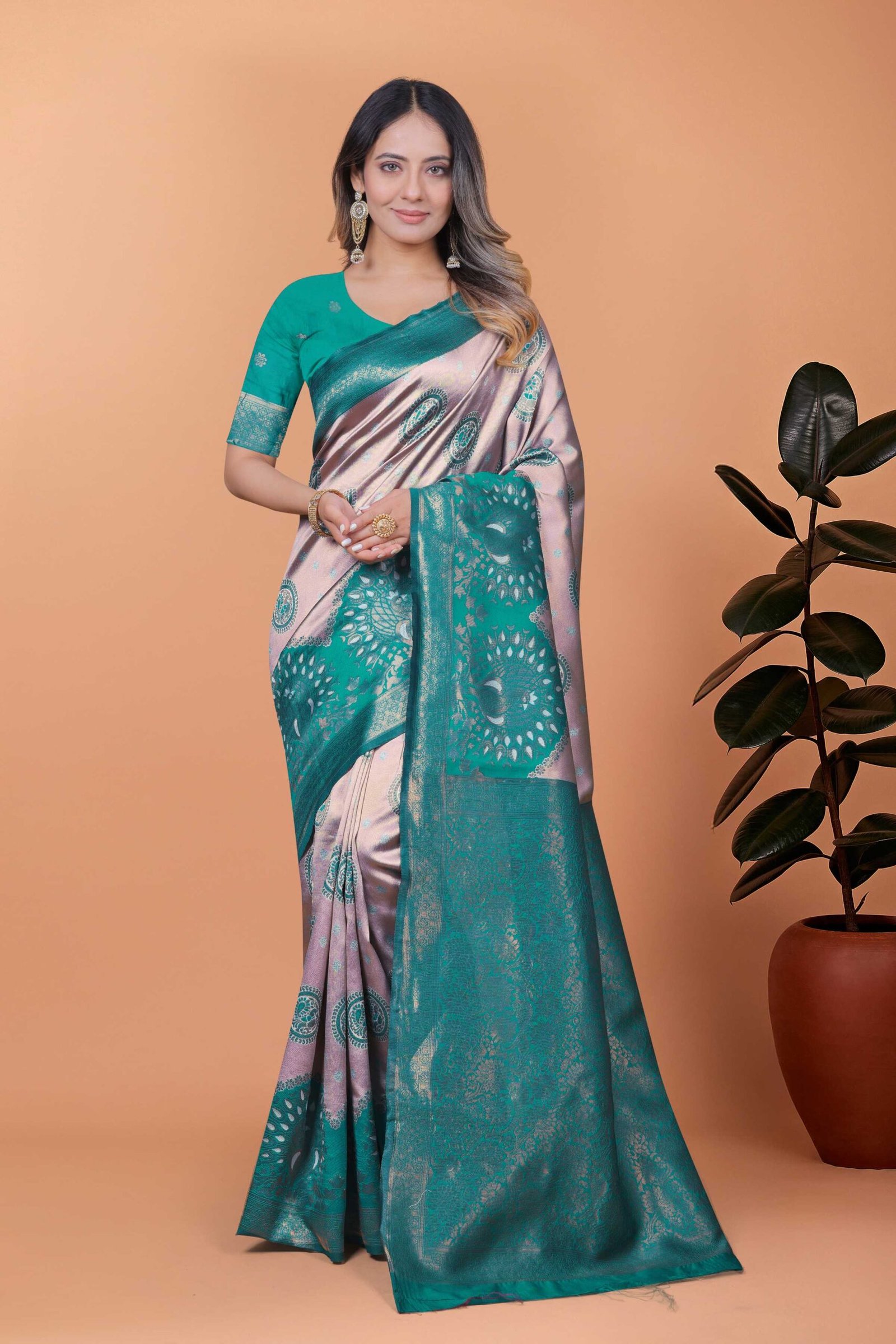 Pastel Pink Silk Saree with Contrast Teal Green Zari Border & Peacock Motif Pallu