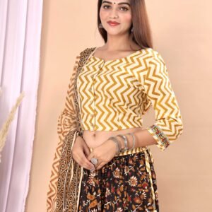 Yellow Chevron Printed Choli & Black Floral Lehenga Skirt Set with Dupatta