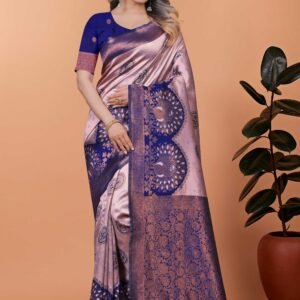 Dusty Lavender & Royal Blue Zari Woven Silk Saree with Contrast Blouse Piece