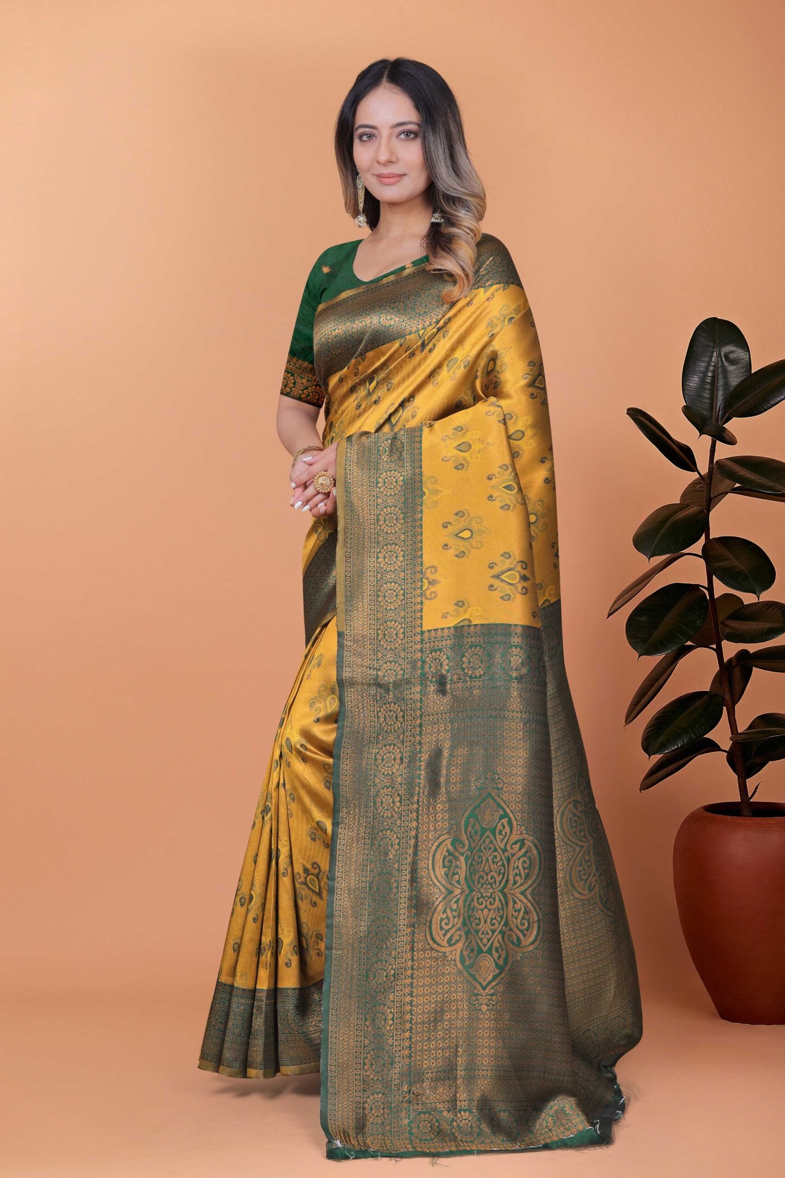 Mustard Yellow Silk Blend Saree with Contrast Dark Green Zari Border & Blouse Piece - Image 3
