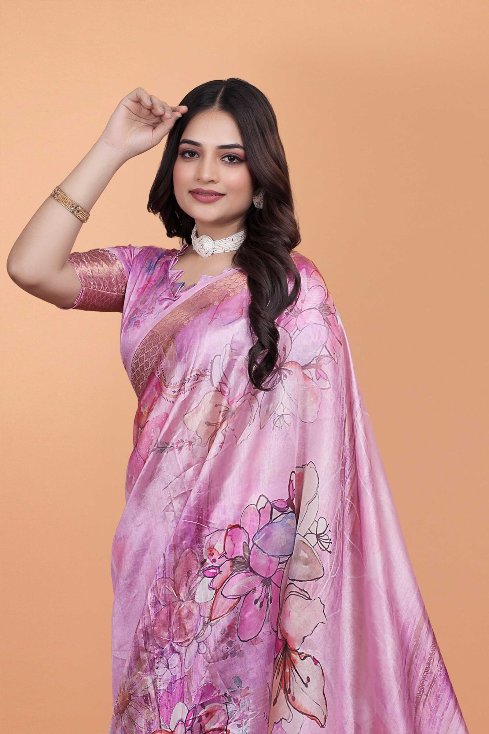 Elegant Lavender Pink Floral Saree - Image 3