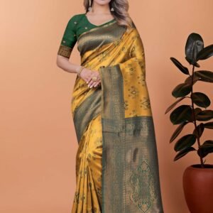 Mustard Yellow Silk Blend Saree with Contrast Dark Green Zari Border & Blouse Piece