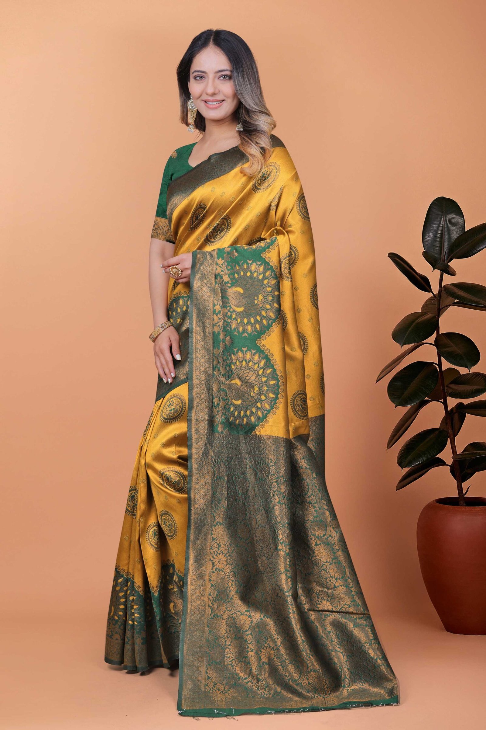Option 1 (SEO-Friendly): Mustard Yellow Silk Saree with Contrast Bottle Green Zari Border & Peacock Motif Pallu