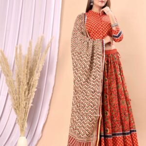 Beige Floral Kurti & Red Printed Skirt Set with Striped Dupatta