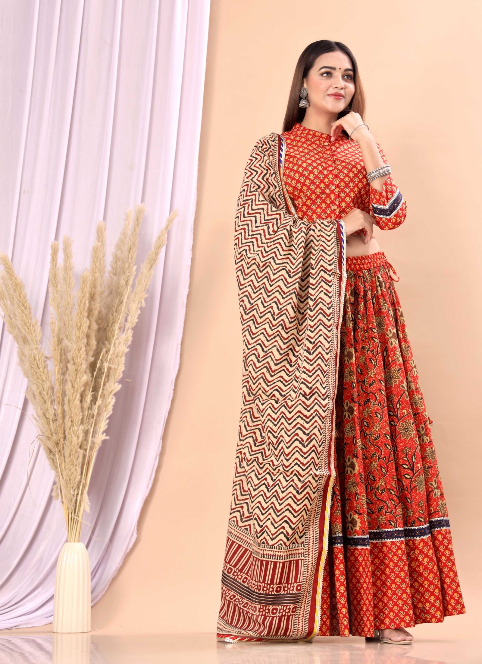 Beige Floral Kurti & Red Printed Skirt Set with Striped Dupatta