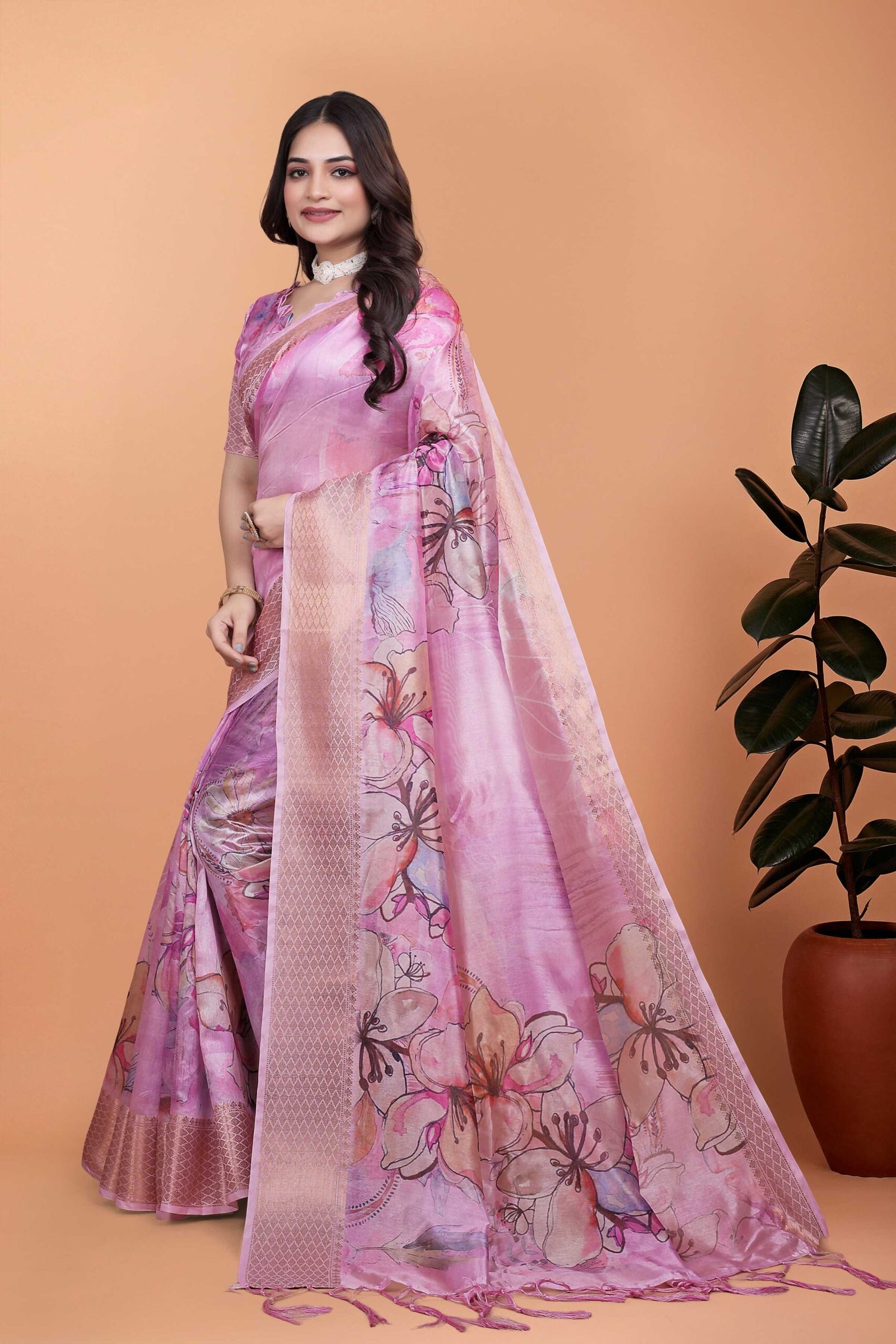 Elegant Lavender Pink Floral Saree