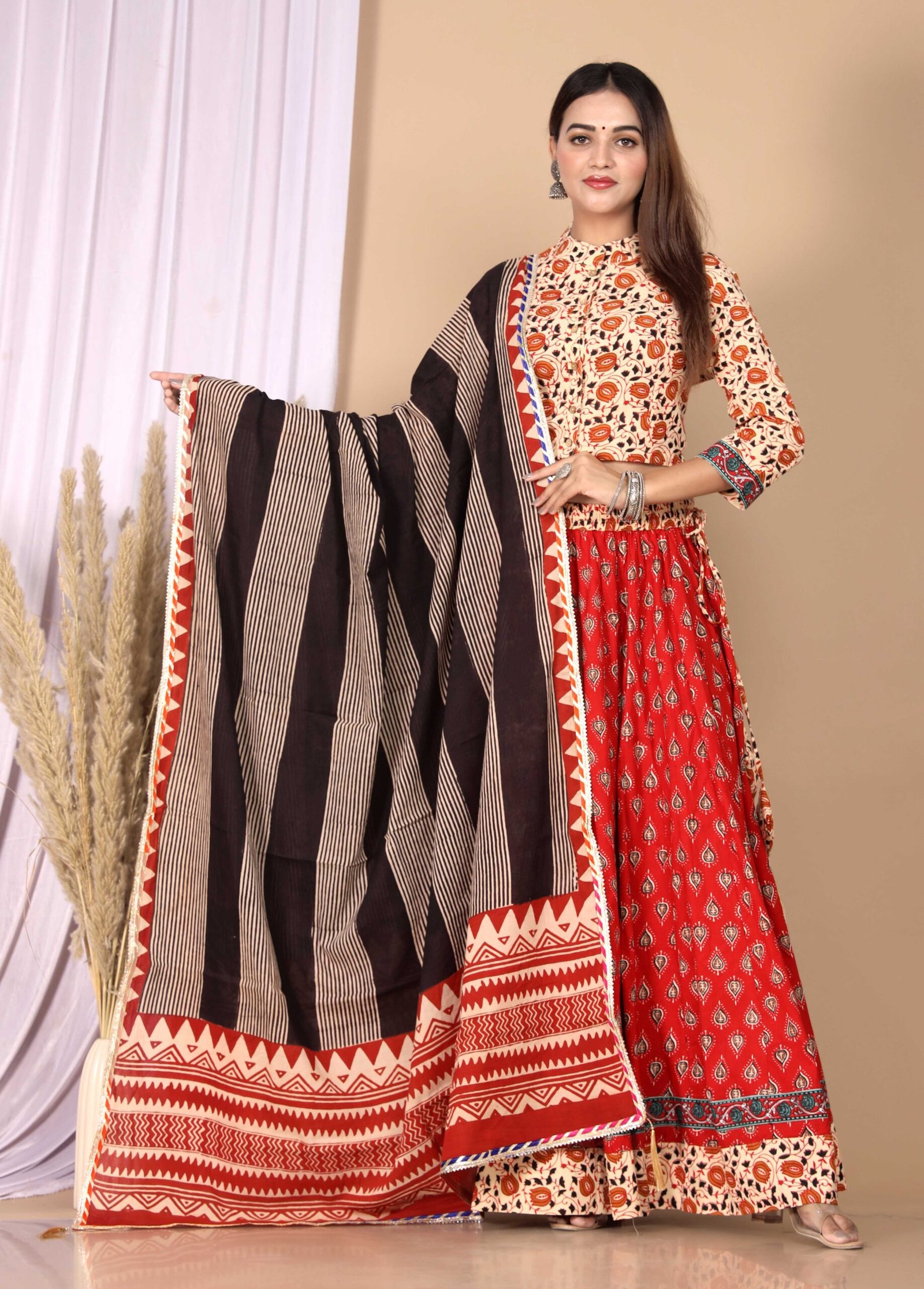 Beige Floral Kurti & Red Printed Skirt Set with Striped Dupatta