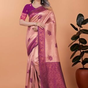 Peach Soft Silk Saree with Purple Zari Border & Matching Embroidered Blouse