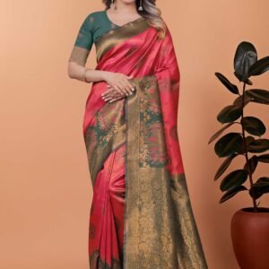 Option 2 (Elegant): Festive Coral Pink & Olive Green Woven Silk Saree with Unstitched Blouse Piece