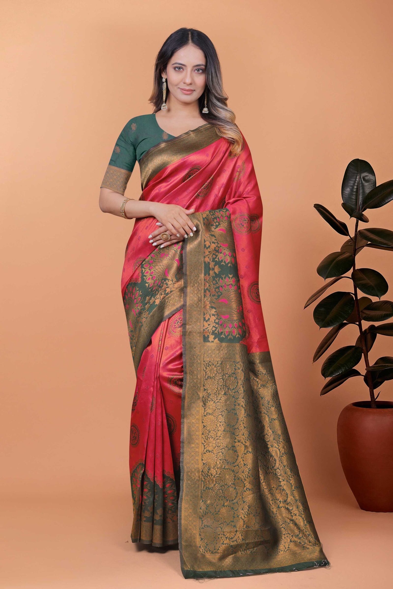 Option 2 (Elegant): Festive Coral Pink & Olive Green Woven Silk Saree with Unstitched Blouse Piece