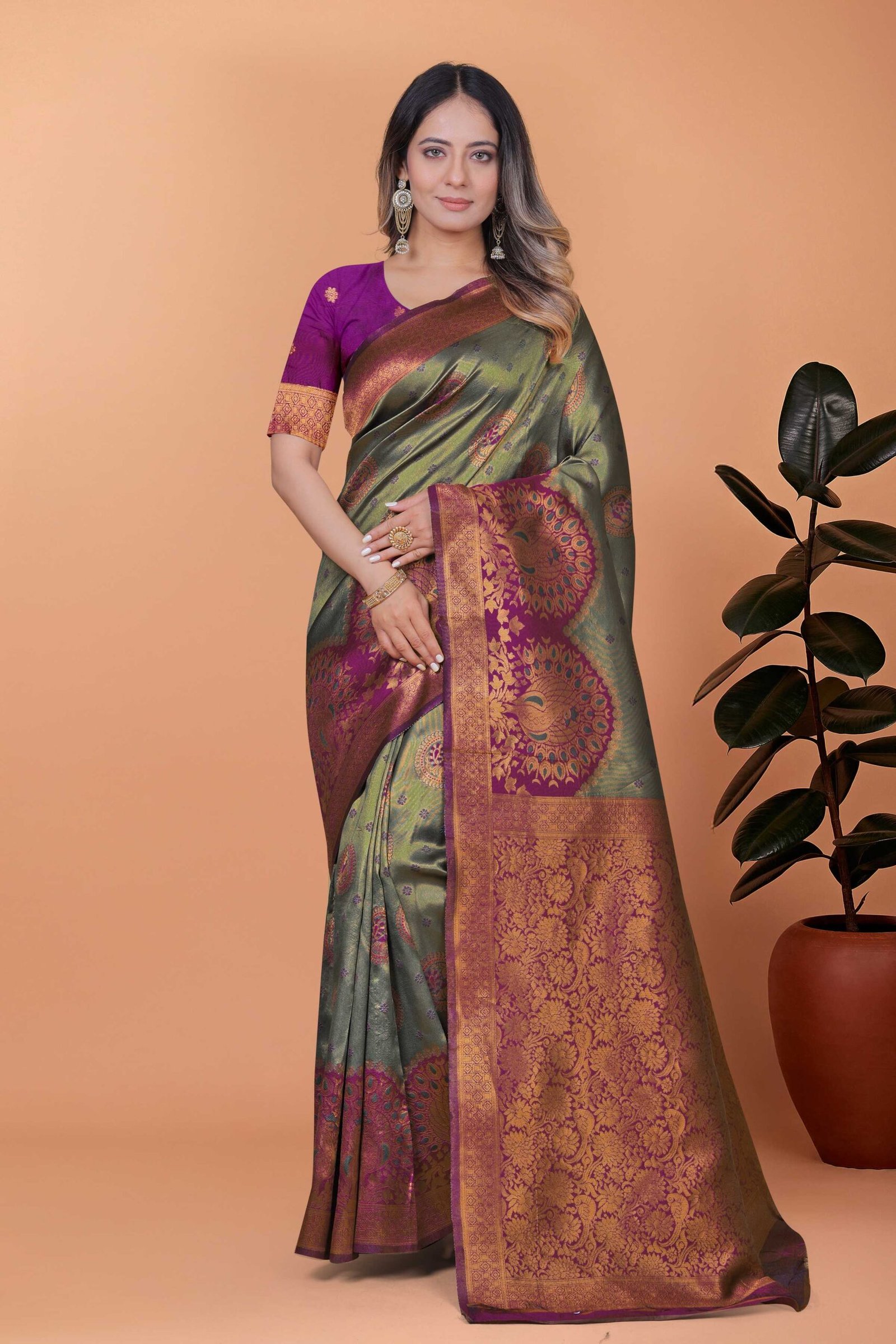Olive Green & Magenta Zari Woven Kanjivaram Silk Saree with Contrast Blouse Piece