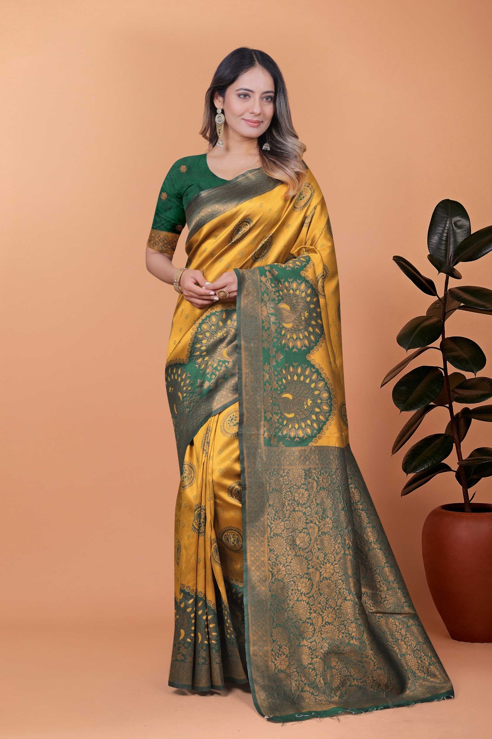 Option 1 (SEO-Friendly): Mustard Yellow Silk Saree with Contrast Bottle Green Zari Border & Peacock Motif Pallu - Image 4