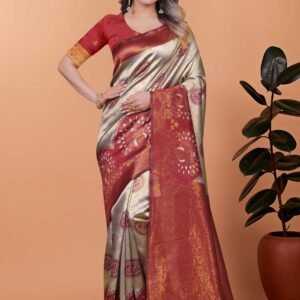 Festive Champagne Gold & Maroon Woven Silk Saree with Unstitched Blouse Piece