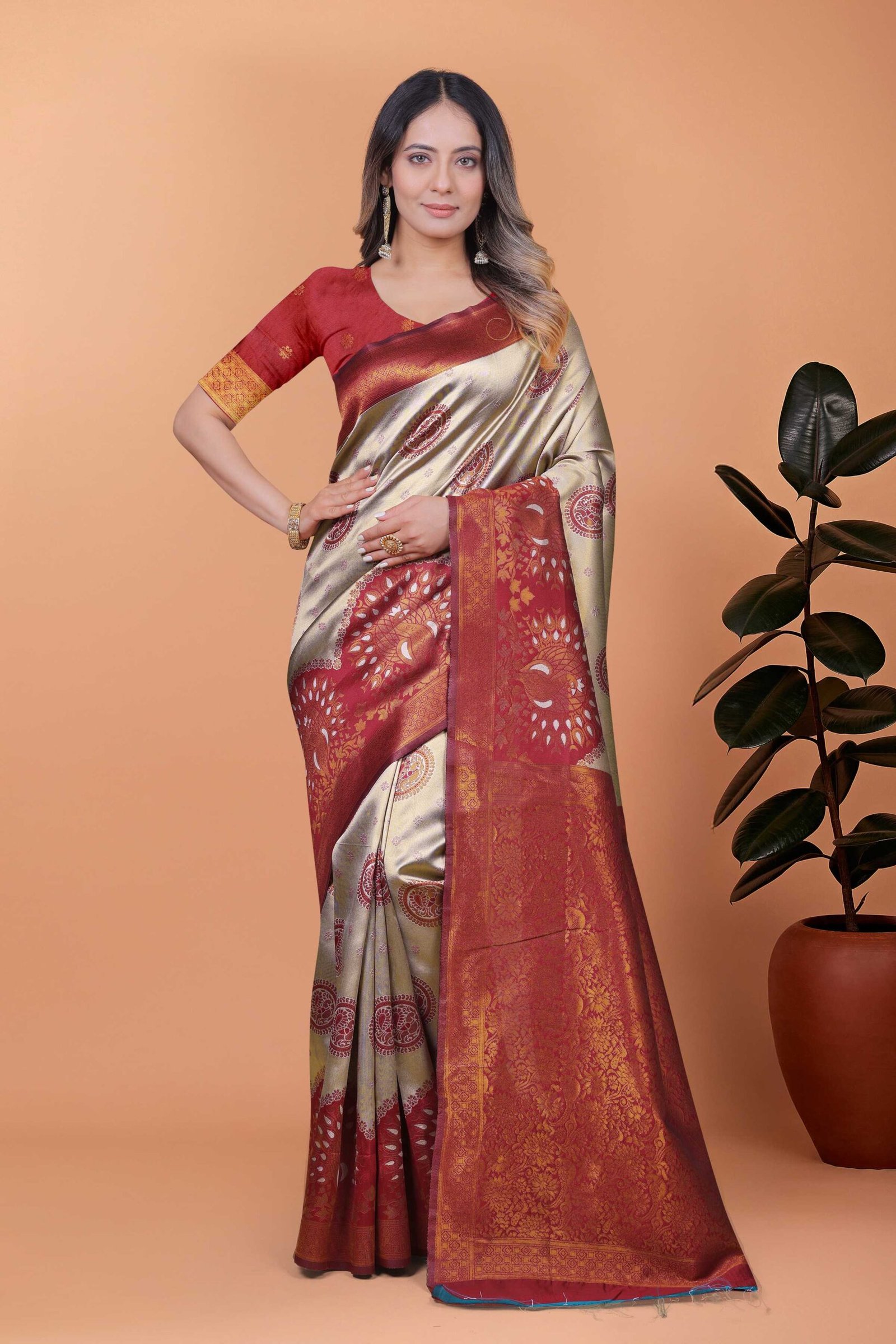 Festive Champagne Gold & Maroon Woven Silk Saree with Unstitched Blouse Piece