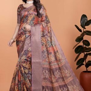 Multicolor Floral Printed Saree with Elegant Border & Blouse