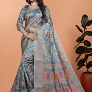 Elegant Multicolor Floral Printed Saree with Pastel Border & Matching Blouse