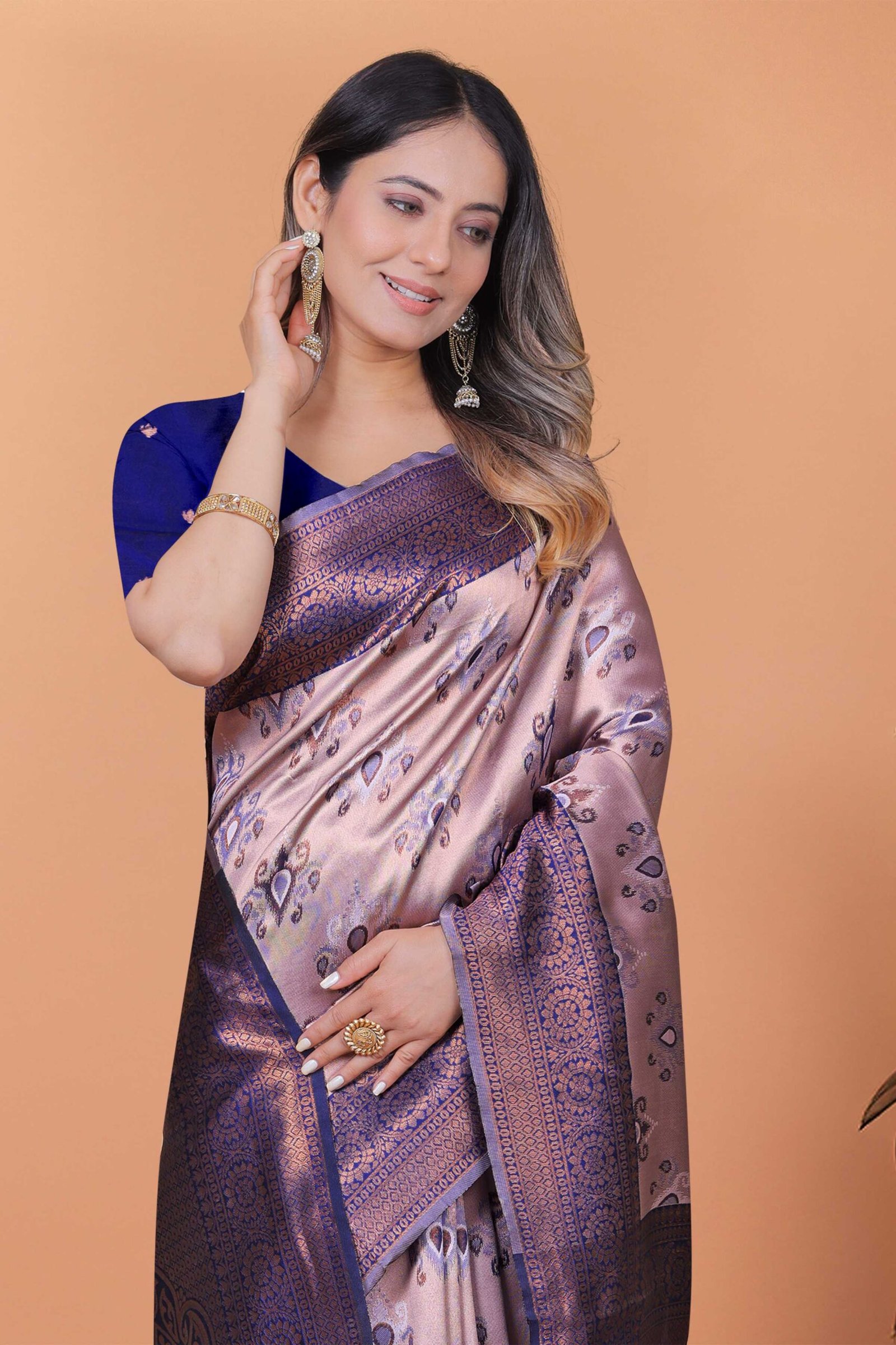 Lilac & Deep Indigo Woven Silk Saree with Unstitched Blouse Piece - Image 5