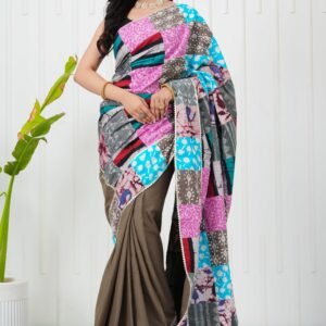 Elegant Peach Saree with Multicolor Patchwork Printed Pallu