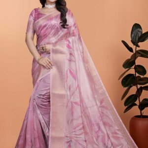 Pink floral print saree