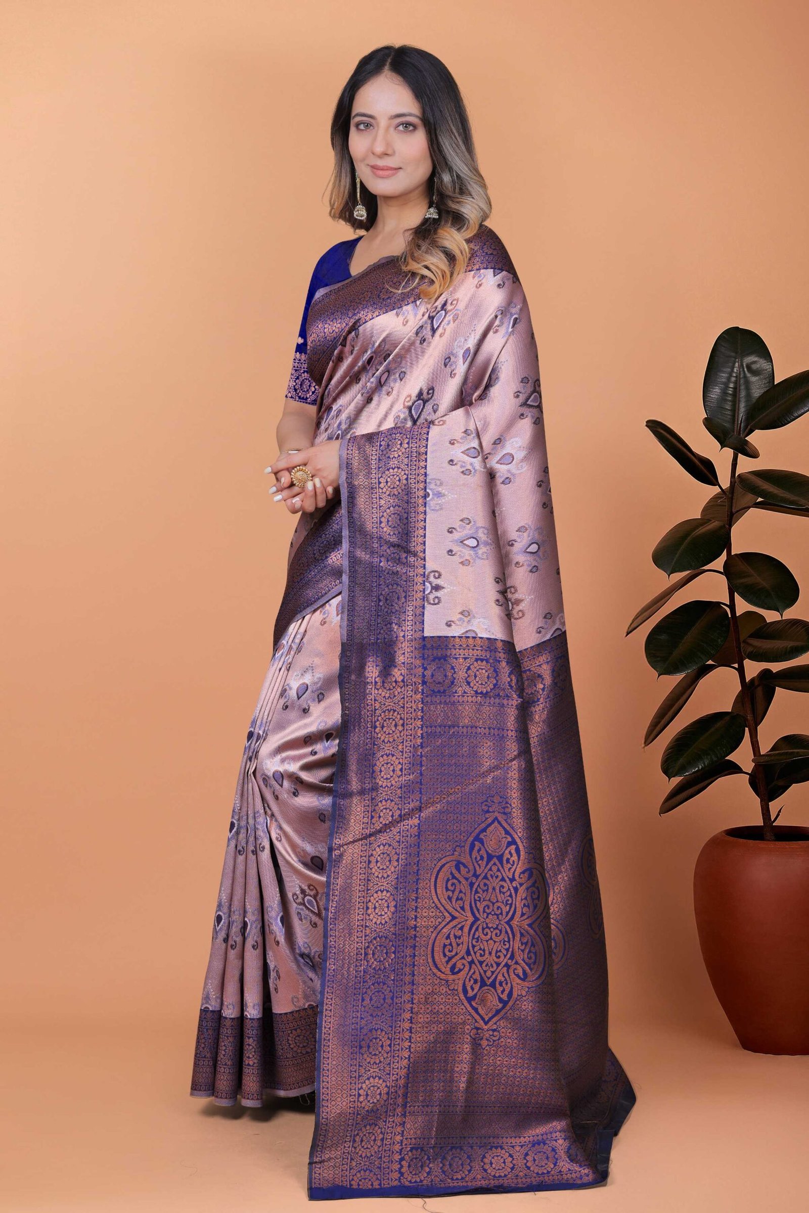 Lilac & Deep Indigo Woven Silk Saree with Unstitched Blouse Piece - Image 3
