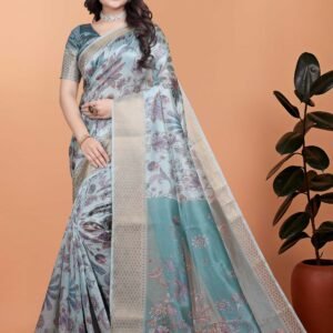Elegant Grey Blue Floral Printed Saree