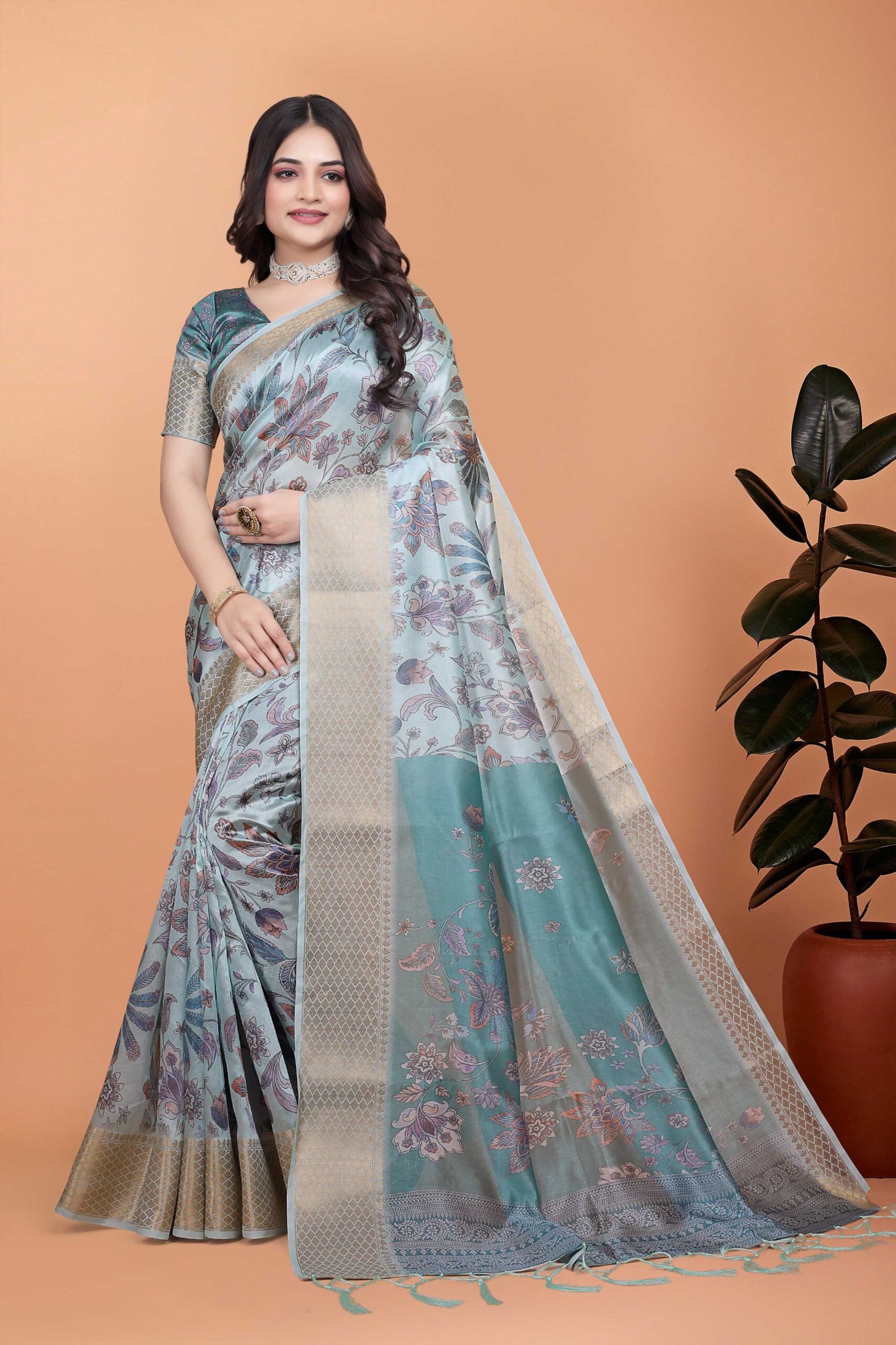 Elegant Grey Blue Floral Printed Saree