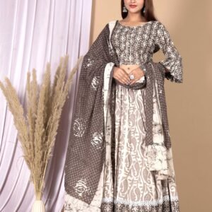 Grey & Off-White Floral Print Cotton Lehenga Choli Set with Dupatta