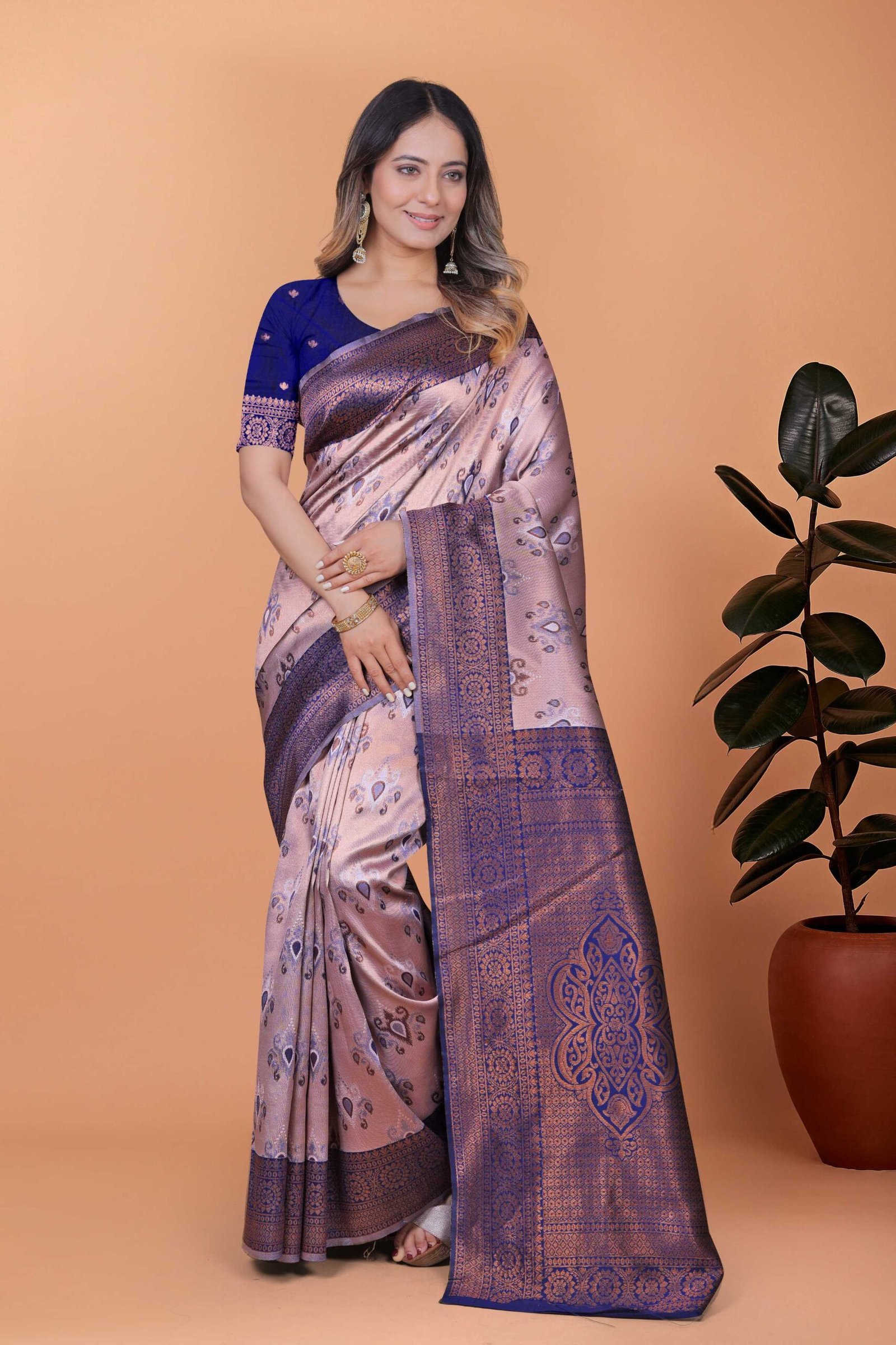 Lilac & Deep Indigo Woven Silk Saree with Unstitched Blouse Piece - Image 2