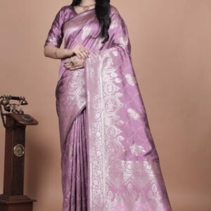 Enchanting Soft Lilac Silk Blend Saree with Silver Zari Woven Border & Pallu