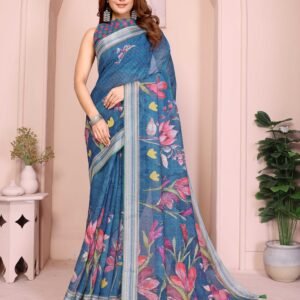 Royal Teal Blue Floral Printed Saree with Silver Zari Border & Printed Blouse Piece