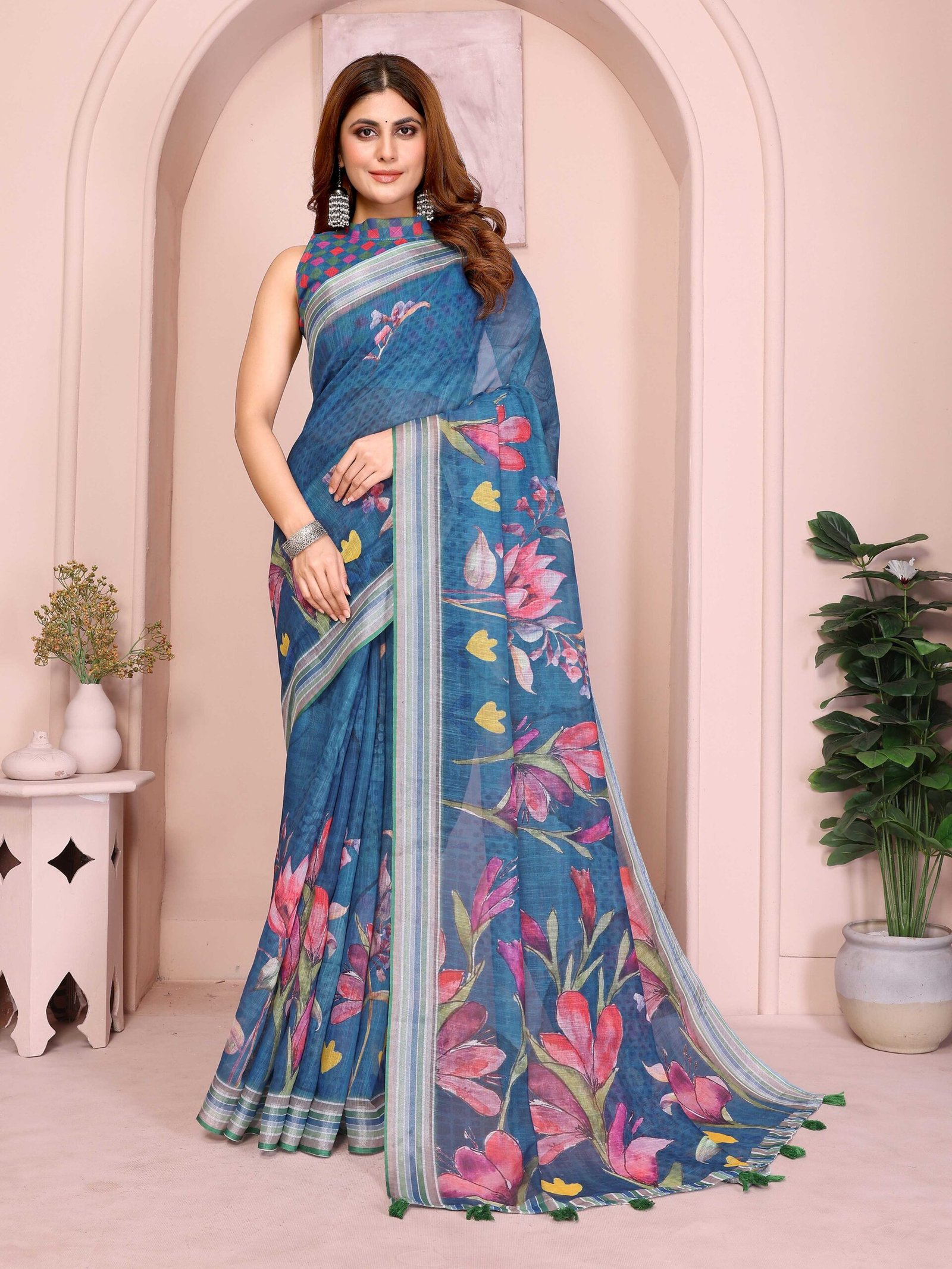 Royal Teal Blue Floral Printed Saree with Silver Zari Border & Printed Blouse Piece