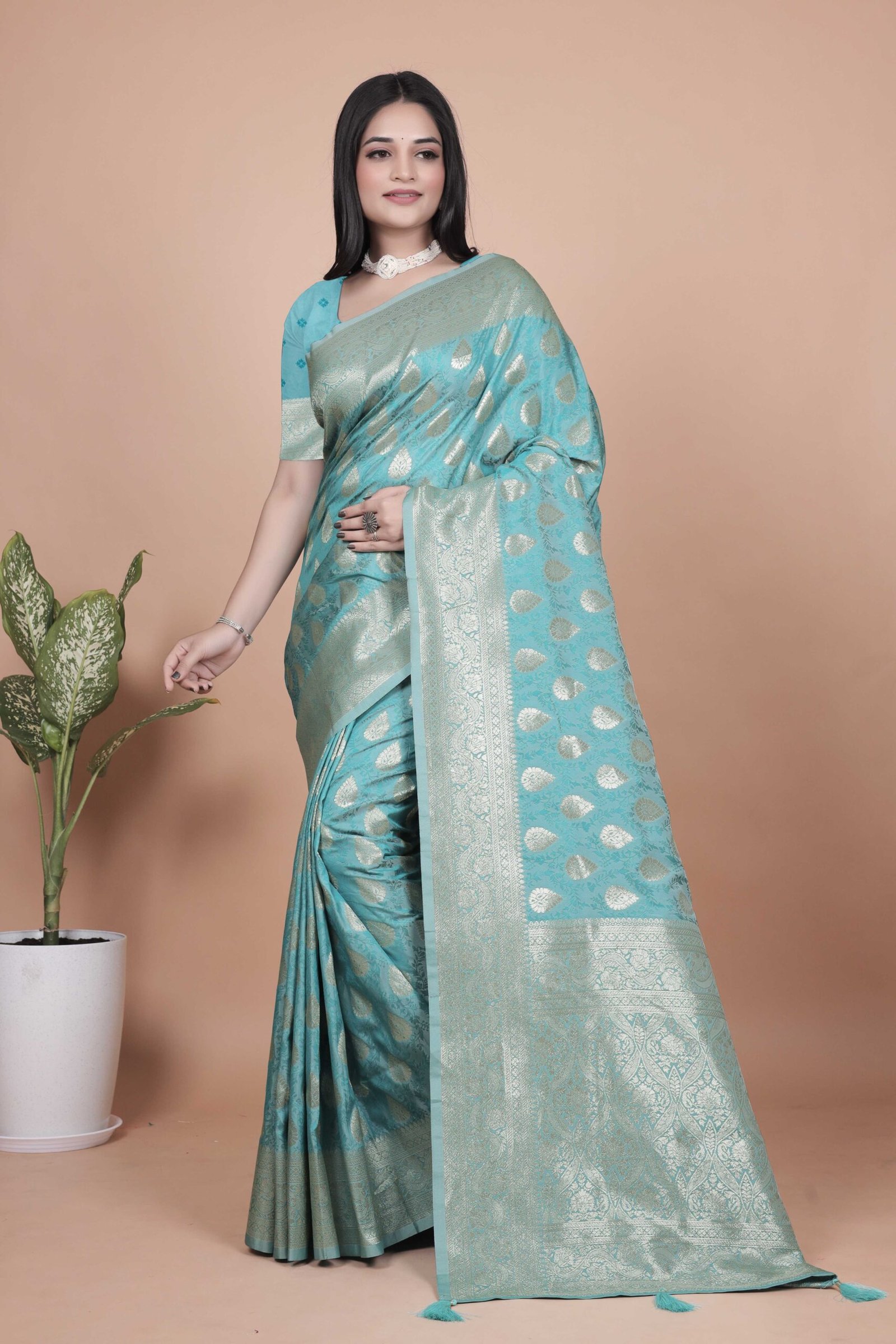 Sea Green / Turquoise Banarasi Art Silk Saree with Silver Zari Woven Bootis - Image 2