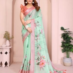 Mint Green Floral Printed Organza Saree with Contrast Pink Zari Border & Designer Blouse Piece