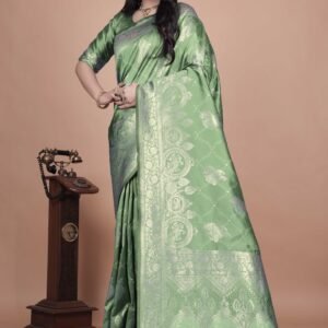 Elegance Sage Green Silk Blend Saree with Intricate Silver Zari Woven Border & Pallu