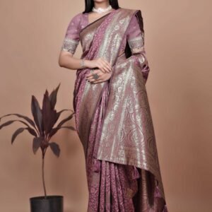 Dusty Lavender & Silver Zari Woven Banarasi Art Silk Saree