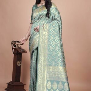 Elegance in Sage: Sage Green Woven Jacquard Silk Saree with Zari Border