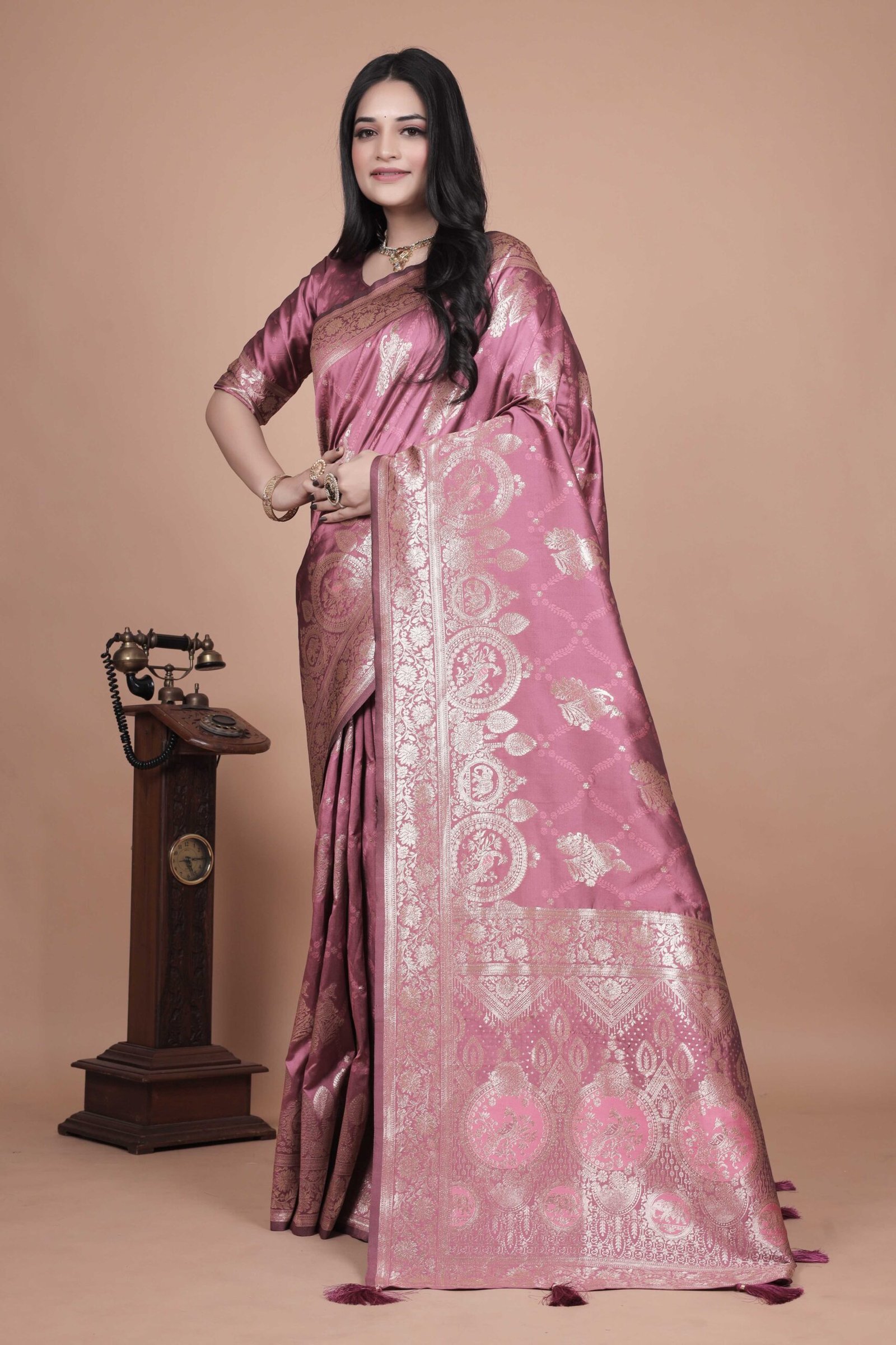 Charming Rose Pink Silk Blend Saree with Intricate Silver Zari Woven Border & Pallu